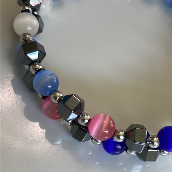 Colorful Hematite & Cat’s Eye Beaded Memory Wire Bracelet - Picture 2 of 6